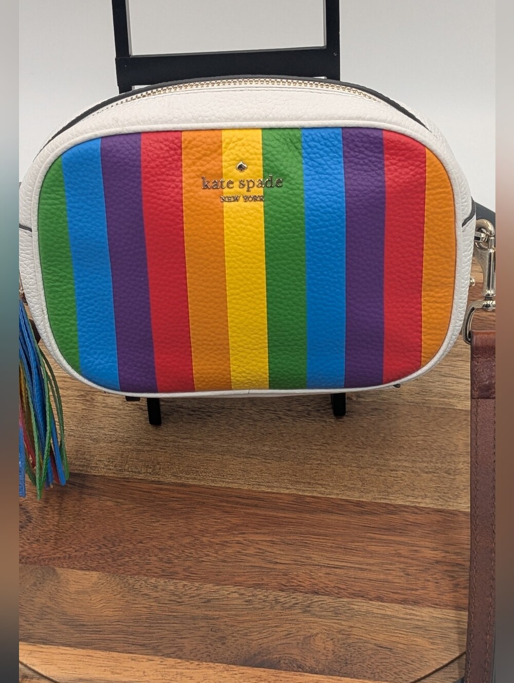 Kate Spade Kourtney Rainbow Stripe Leather Camera Bag Crossbody WKRU6940